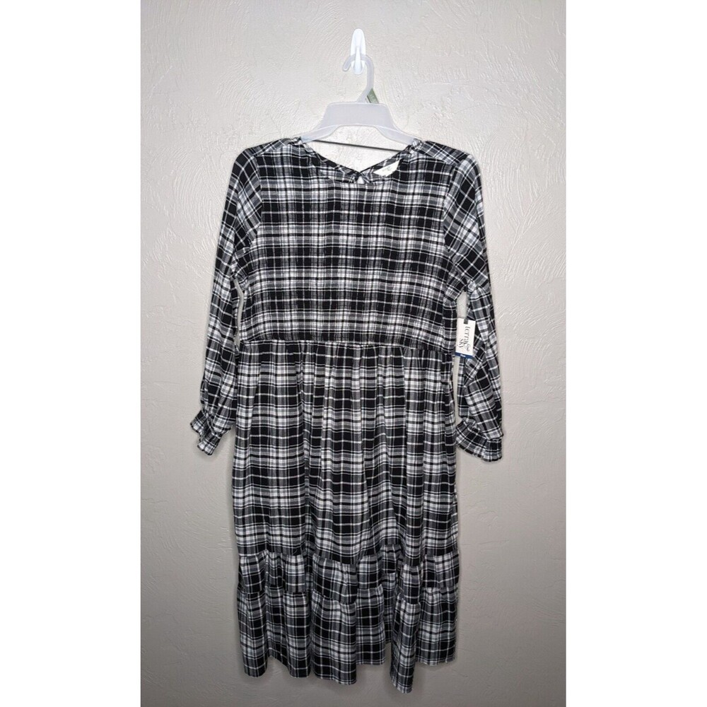 NWT Terra & Sky Womens Plus 1X Black White Plaid Tiered Long Sleeve Maxi Dress